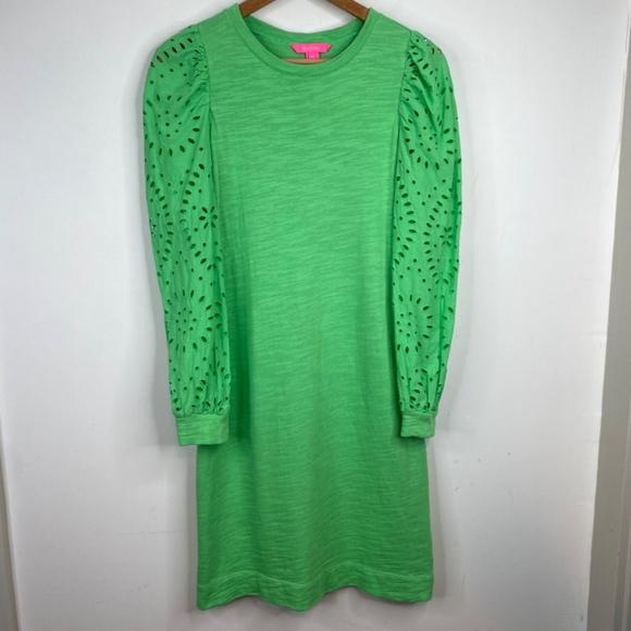 Lilly Pulitzer Jasona Eyelet Dress XS Lace Long Sleeve Kelly Green Easter Preppy - Picture 5 of 15
